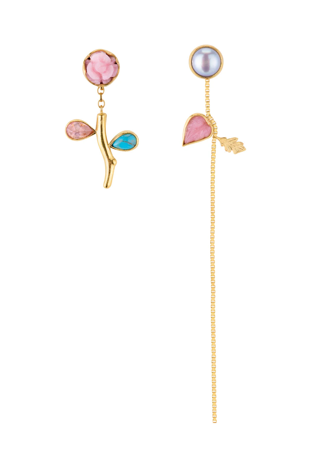 GRAINNE MORTON, FLOWER STEM & CHAIN DETACHABLE DROP EARRINGS, Pink