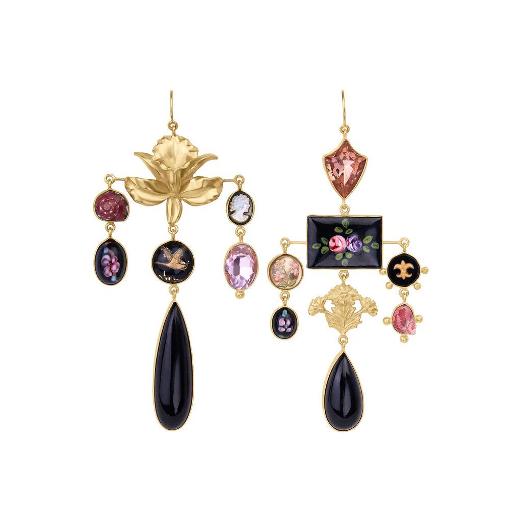 GRAINNE MORTON ORCHID & ENAMEL FLOWER DROP EARRINGS