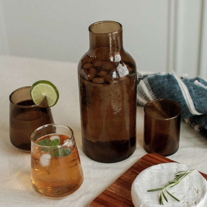 Handblown Hammered Glass Carafe + Cup | Amber