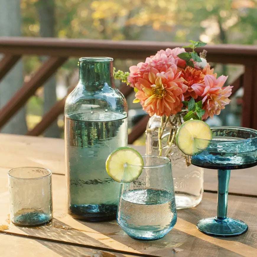 Handblown Hammered Glass Carafe + Cup | Blue