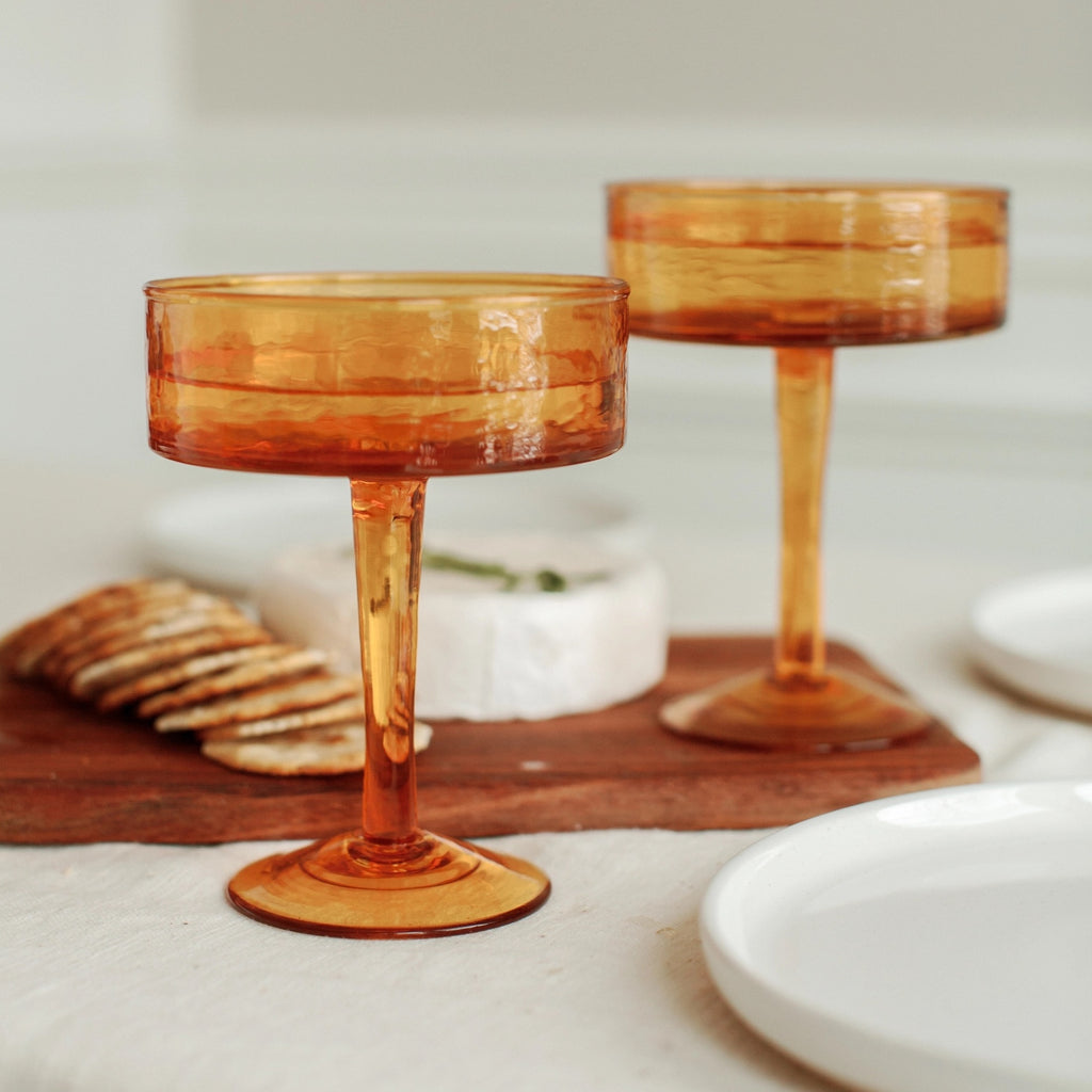Handblown Hammered Glass Coupe Cocktail Glasses | Set of 2 | Amber